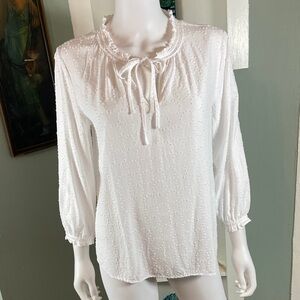 LOFT White Textured Clip Dot Peasant Blouse Tie Neck Medium M shirt top